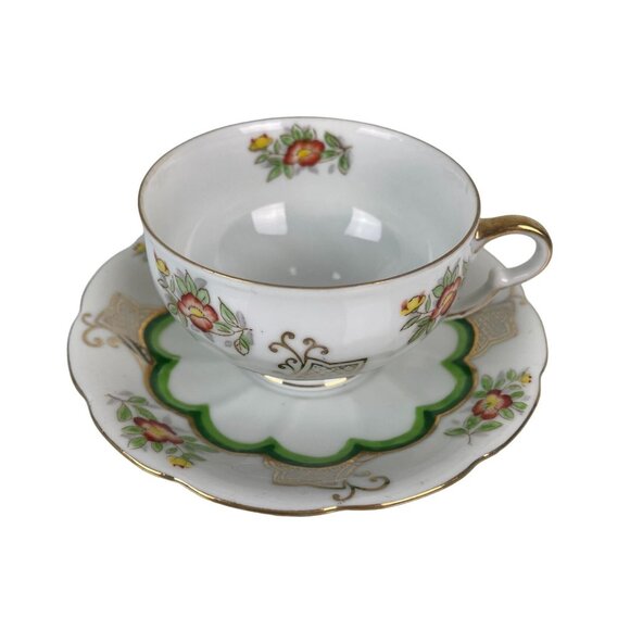Vintage Ucago China Made in Japan Green & Gold Teacup & Saucer Floral - Picture 1 of 15